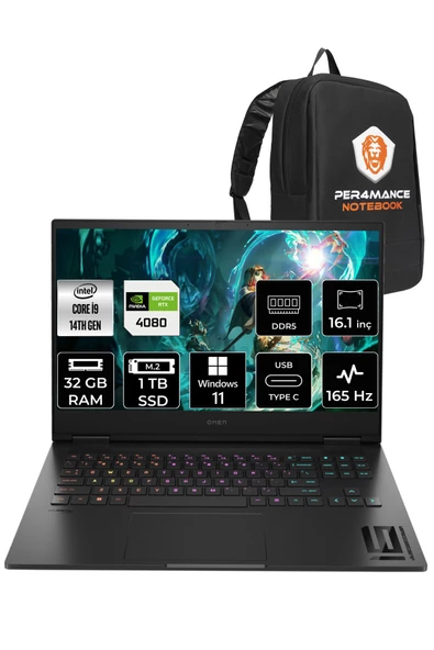 HP OMEN 16  i9-14900HX 32GB RAM 1TB SSD RTX4080/12GB 165Hz 16.1 FHD W11PRO 9J2A5EA & PER4 ÇANTA