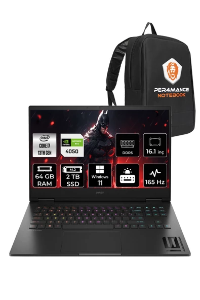 HP OMEN 16 i7-13700HX 64GB RAM 2TB SSD RTX4050/6GB 165HZ 16.1 FHD W11HOME 7Q7Y1EA & PER4 ÇANTA