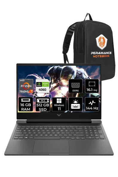 HP Victus 16 Ryzen 7 7840HS 16GB 512GB SSD RTX4060/8GB 144HZ 16.1 FHD W11H 892P4EA & PER4 ÇANTA