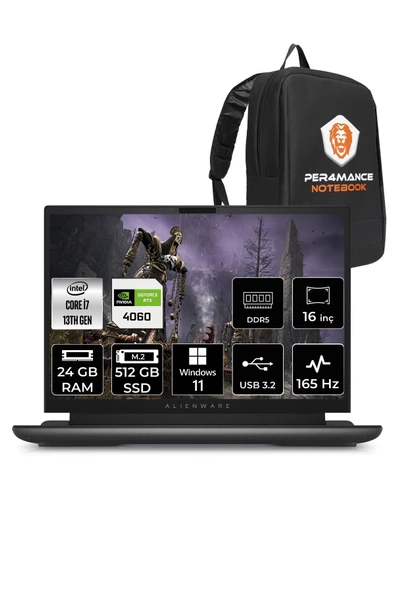 Dell Alienware M16 i7-13700HX 24GB RAM 512GB SSD RTX4060/8GB 165HZ 16 QHD+ W11HOME & PER4 ÇANTA