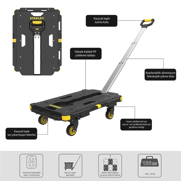 STANLEY PC532B 137kg 62x45cm Dört Tekerli Çekme Kollu Yük ve Paket Taşıma Arabası + FT505 Çok Amaçlı Taşıma Sepeti - 4