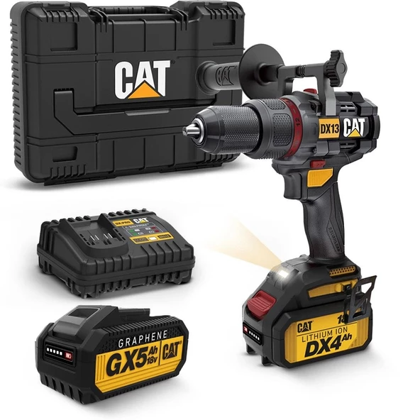 CAT DX13X 18Volt/4.0Ah Li-ion Çift Akülü Kömürsüz Profesyonel Darbeli Matkap + 5.0Ah. GRAPHENE Akü Hediye