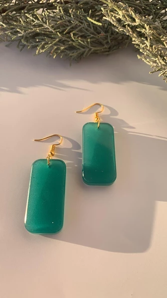 Parlak Çimen Yeşili Renkli Dikdörtgen Şekil Gold Aksesuarlı Küpe El Yapımı Epoksi Hediyelik - 5