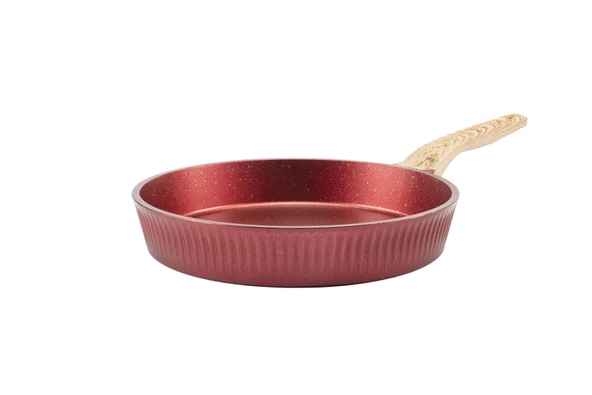 28 cm Febern Premium Bio Granit Alüminyum Döküm Nisch Tava (Metalik Kırmızı-Açık Ahşap Kulp) - 3
