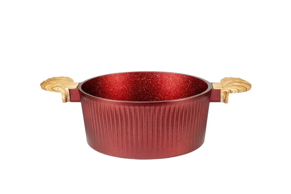 22 cm Febern Premium Bio Granit Alüminyum Döküm Nisch Tencere (Metalik Kırmızı-Açık Ahşap Kulp) - 2