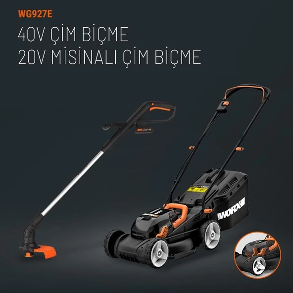 WORX WG927E 40Volt 2.0Ah. Li-ion 34cm Profesyonel Şarjlı Çim Biçme + WG157E.9 20Volt Misinalı Çim ve Kenar Kesme - 2