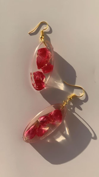 Şeffaf Epoksi İçine Kurutulmuş Gül Yaprak Süs Oval Şekilli Gold Aksesuarlı Küpe Epoksi El Yapımı - 7