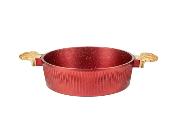 26 cm Febern Premium Bio Granit Alüminyum Döküm Nisch Tencere (Metalik Kırmızı-Açık Ahşap Kulp) - 2