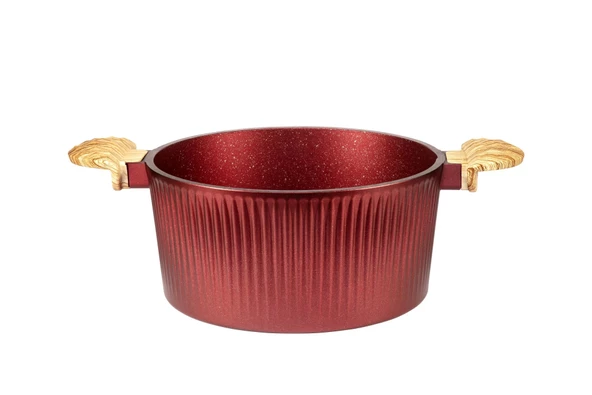24 cm Febern Premium Bio Granit Alüminyum Döküm Nisch Tencere (Metalik Kırmızı-Açık Ahşap Kulp) - 2