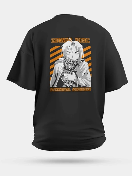 Oversize Edward Elric Fullmetal Alchemist Turuncu Baskılı Unisex Tişört Siyah