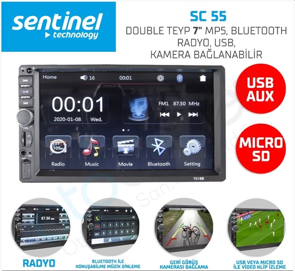 DOUBLE TEYP 7" MP5, BLUETOHT, RADYO, USB, KAMERA, BAĞLANABİLİR