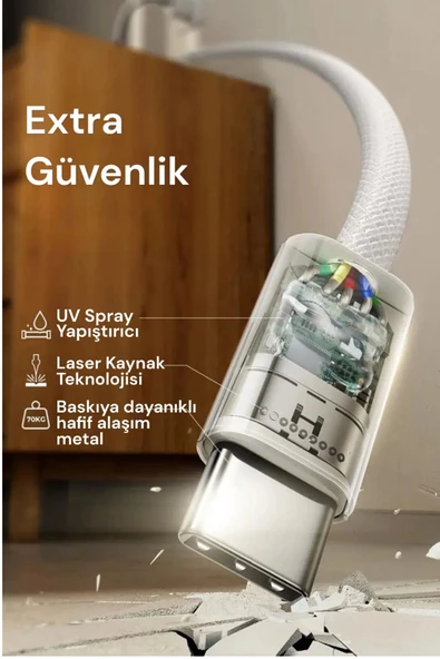 15 / 15 Plus / 15 Pro / 15 Pro Max uyumlu  Orijinal Şarj Kablosu Type-c 60W Örgü Kablo - 8