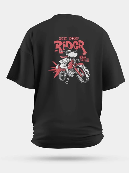 Oversize Rider Motorcu Köpek Baskılı Unisex Tişört