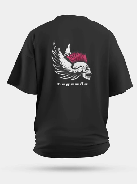 Oversize Punk Kurukafa Legends Baskılı Unisex Tişört Siyah