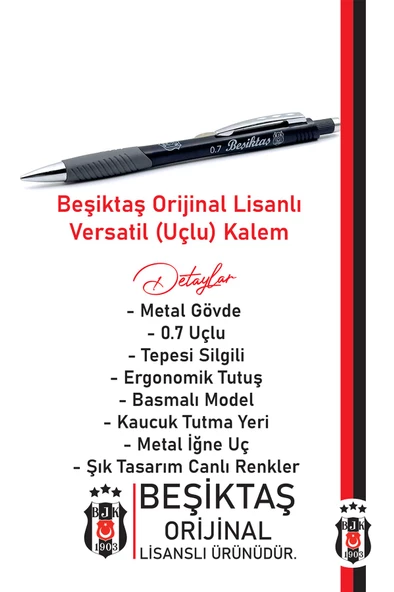 Beşiktaş Orijinal Lisanslı Metal Gövde Versatil Uçlu Kalem 0.7 Hediyelik Ahşap Kutulu - 12