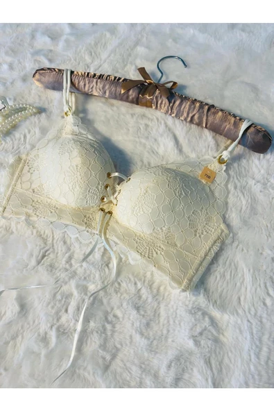 Ön Bağcıklı Dantel İşlemeli Desteksiz Ekru Sütyen - 11