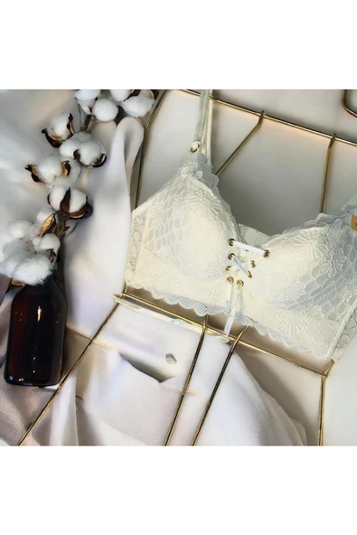 Ön Bağcıklı Dantel İşlemeli Desteksiz Ekru Sütyen - 9