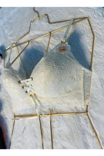 Ön Bağcıklı Dantel İşlemeli Desteksiz Ekru Sütyen - 10