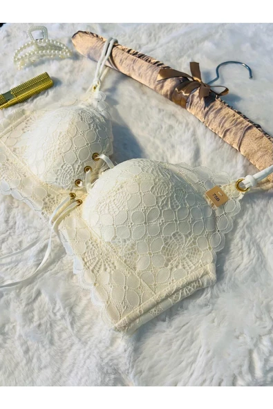 Ön Bağcıklı Dantel İşlemeli Desteksiz Ekru Sütyen - 7