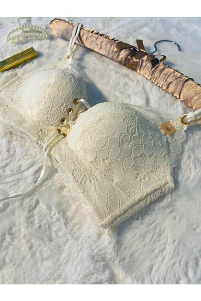 Ön Bağcıklı Dantel İşlemeli Desteksiz Ekru Sütyen - 8