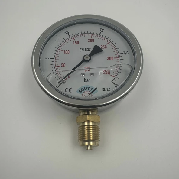Manometre Gliserinli Alttan Çıkışlı Q100 - 0 - 25 Bar 1/2 - 4