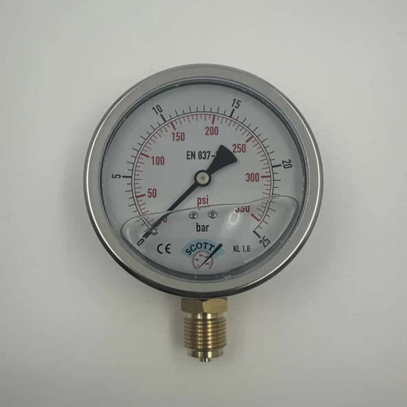 Manometre Gliserinli Alttan Çıkışlı Q100 - 0 - 25 Bar 1/2 - 2