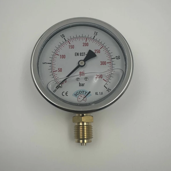 Manometre Gliserinli Alttan Çıkışlı Q100 - 0 - 25 Bar 1/2 - 5