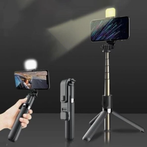 Selfie Çubuğu Işıklı Kablosuz Kumandalı Masaüstü Tripod Olabilen Telefon Tutuculu - 4