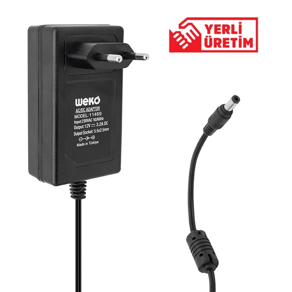 WEKO 12 VOLT - 3.2 AMPER - 38 WATT 5.5*2.5 UÇLU YERLİ ÜRETİM PLASTİK KASA PRİZ TİPİ ADAPTÖR