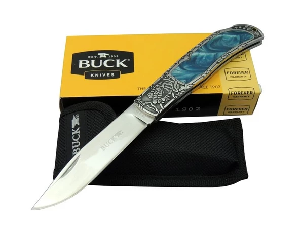 Buck Knives BK-009BL Mavi Kamp Çakı 23 cm - Sedef & Metal Saplı, Kılıflı, Kutulu