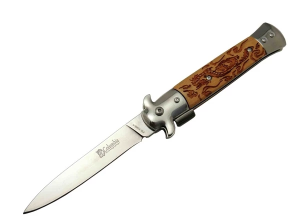 FS 12461 Kahverengi  Çakı 23cm - Ejder İşlemeli Sap, Arkadan Tetikli