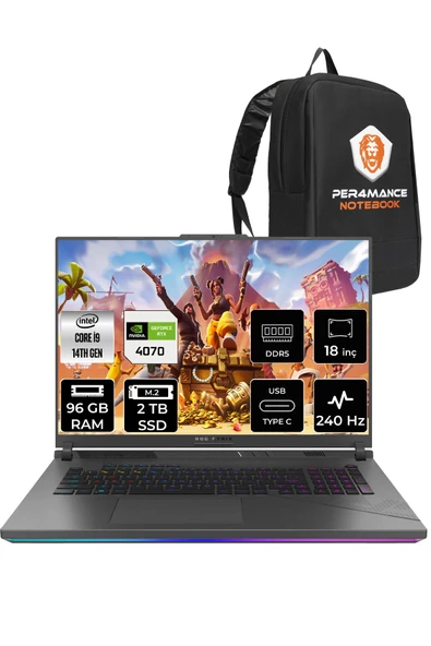 ASUS ROG Strix G18 i9-14900HX 96GB 2TB SSD RTX4070/8GB 240Hz 18" WQXGA FDOS N6002 & PER4 ÇANTA