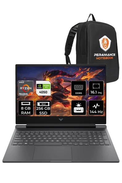 HP Victus 16 Ryzen 7 7840HS 8GB 256GB SSD RTX4050/6GB 16.1" 144Hz FHD FDOS 7Z587EA & PER4 ÇANTA