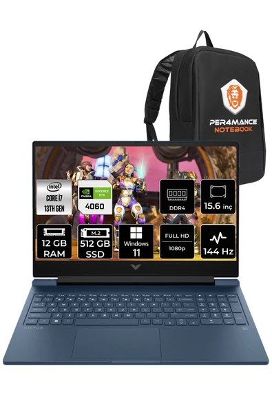 HP Victus 15 i7 13700H 12GB RAM 512GB SSD RTX4060/12GB 144Hz 15.6'' FHD W11PRO 8U844EA & PER4 ÇANTA