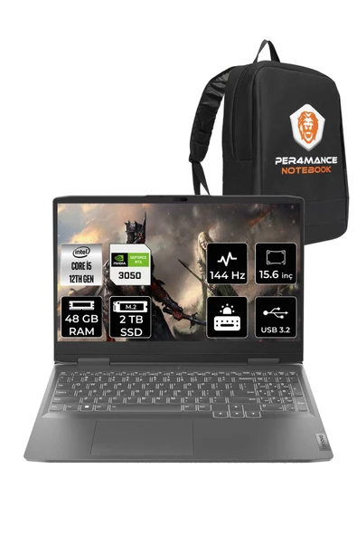 LENOVO LOQ  i5-12450H 48GB 2TB SSD RTX3050/6GB 15.6" FHD 144Hz FDOS 82XV00WYTX & PER4 ÇANTA