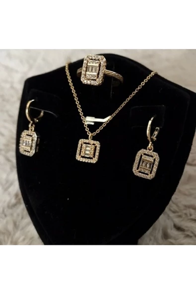 Baget Taşlı Kolye Küpe Ve Yüzük Set - 2