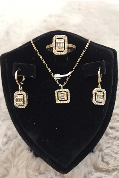 Gold Renk Baget Kolye Küpe Yüzük Set