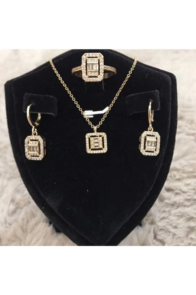 Baget Taşlı Kolye Küpe Ve Yüzük Set