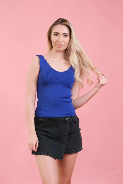 Kadın Merdiven Yaka Crop Triko Bluz - 5