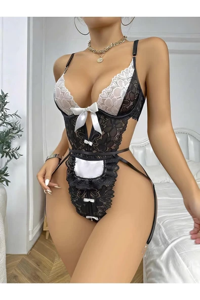 Siyah-Beyaz Renk Dantel Fiyonk Detay Özel Gece Gecelik Takımı, İç Giyim Takımı ürün görseli