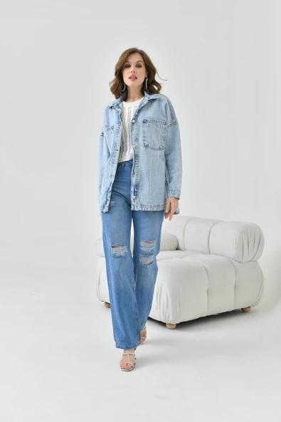 FTZ Women Kadın Taşlı Jean Ceket Mavi RBN5014