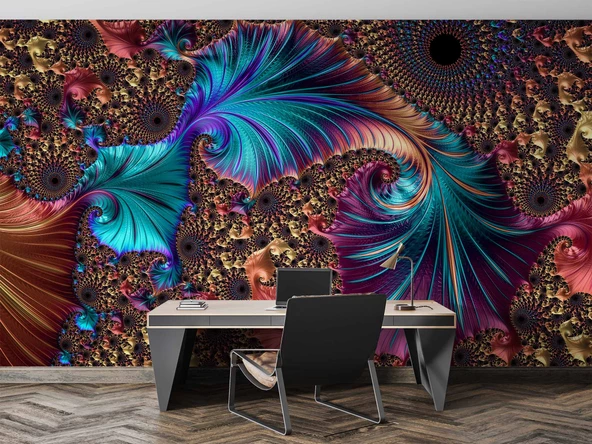 3 Boyutlu Mavi Franktal Görünümlü Duvar Kağıdı Baskı - Resim 4