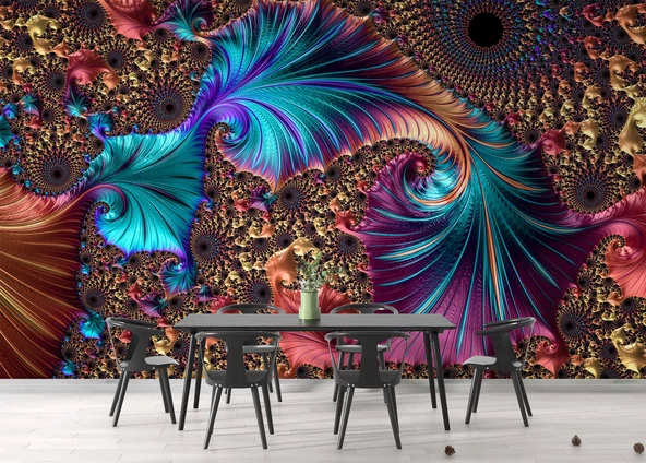 3 Boyutlu Mavi Franktal Görünümlü Duvar Kağıdı Baskı - Resim 6