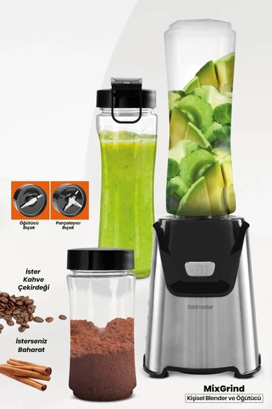 Goldmaster Mixgrind 2in1 Paslanmaz Çelik Bıçaklı Kişisel Smoothie Blender ve Kahve Baharat Öğütücü - 9