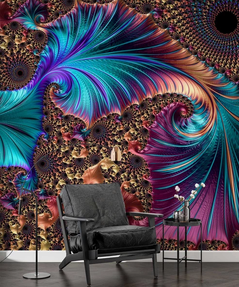 3 Boyutlu Mavi Franktal Görünümlü Duvar Kağıdı Baskı - Resim 5