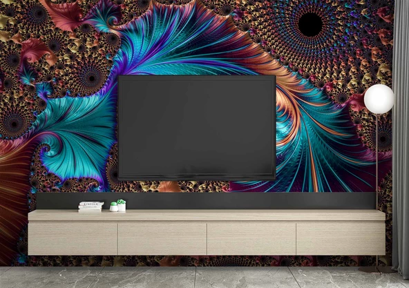 3 Boyutlu Mavi Franktal Görünümlü Duvar Kağıdı Baskı - Resim 3