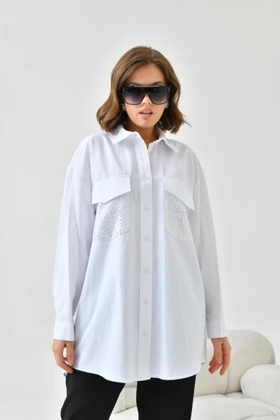 FTZ Women Kadın File Cepli Poplin Gömlek  Ekru 30768 - Resim 5