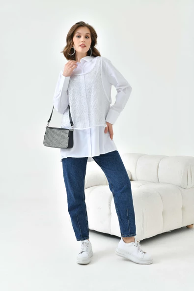 FTZ Women Kadın Fileli Koton Gömlek Takım  Ekru 30769 - Resim 6