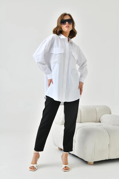 FTZ Women Kadın File Cepli Poplin Gömlek  Ekru 30768 - Resim 3