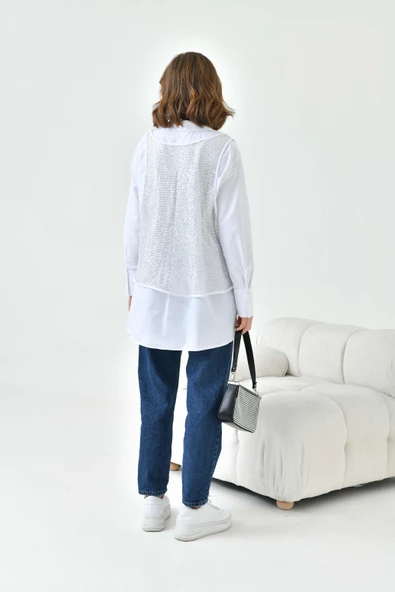 FTZ Women Kadın Fileli Koton Gömlek Takım  Ekru 30769 - Resim 7